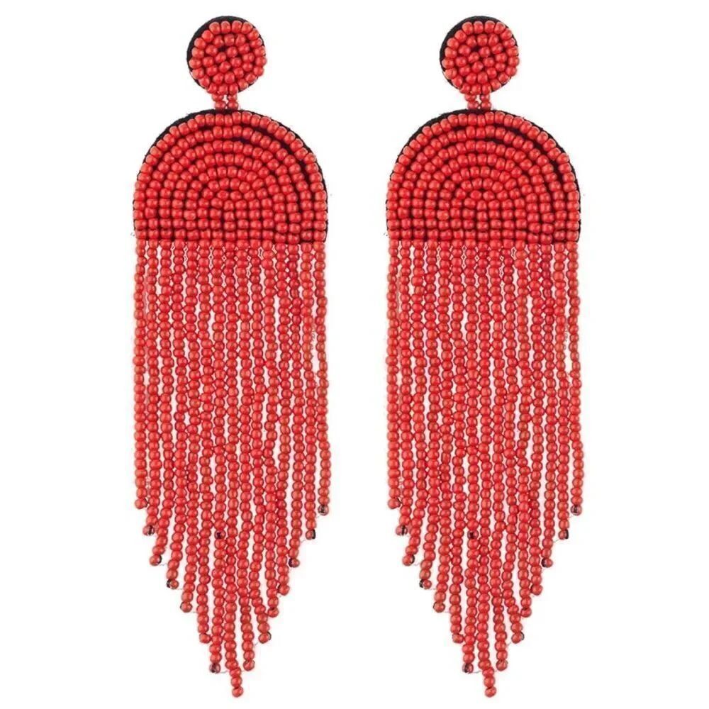 Long Boho Red Beaded Tassel Fringe Dangling Drop FanโChandelier Post Earrings